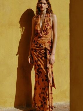 NWT Especia Napali Maxi Dress Orange Floral Halter Open Back Size Large
